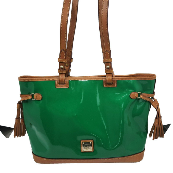 Dooney & Bourke Double Strap Shoulder Tassel Bag Green Patent Leather Purse - Picture 3 of 16